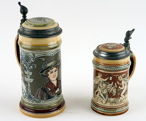 TWO GERMAN METTLACH LIDDED BEER
