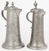 TWO GERMAN PEWTER FLAGONS, 19T