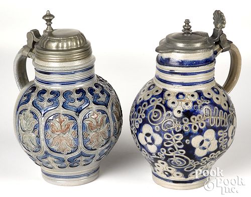 TWO GERMAN STONEWARE FLAGONS,
