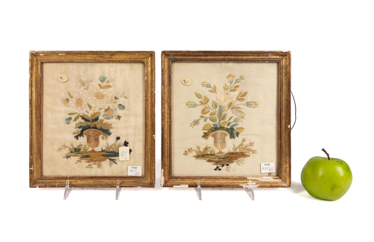 TWO GILT FRAMED SILK FLORAL