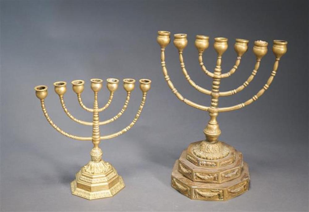 TWO GILT METAL MENORAHSTwo Gilt