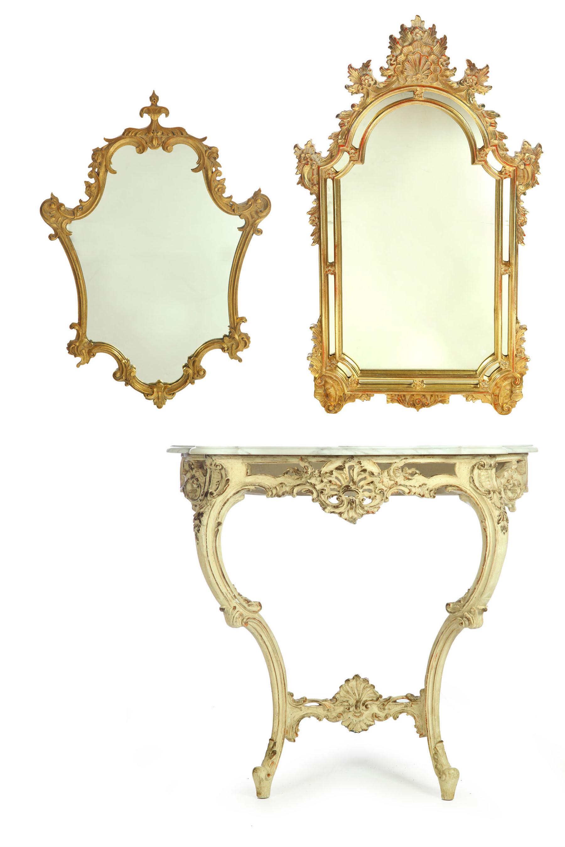 TWO GILT MIRRORS AND A CONSOLE