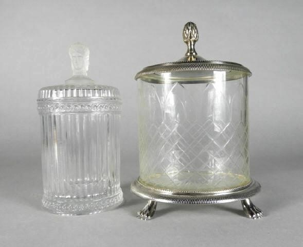 TWO GLASS BISCUIT BARRELS, 20TH