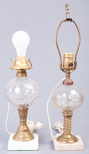 TWO GLASS, BRASS AND MARBLE