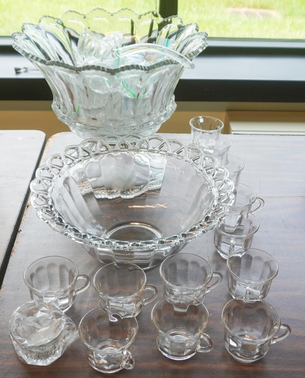 TWO GLASS PUNCH BOWLS, STAND AND