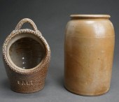 TWO GLAZED CERAMIC CROCKS H OF