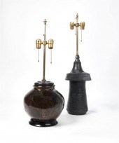 TWO GLAZED POTTERY TABLE LAMPS