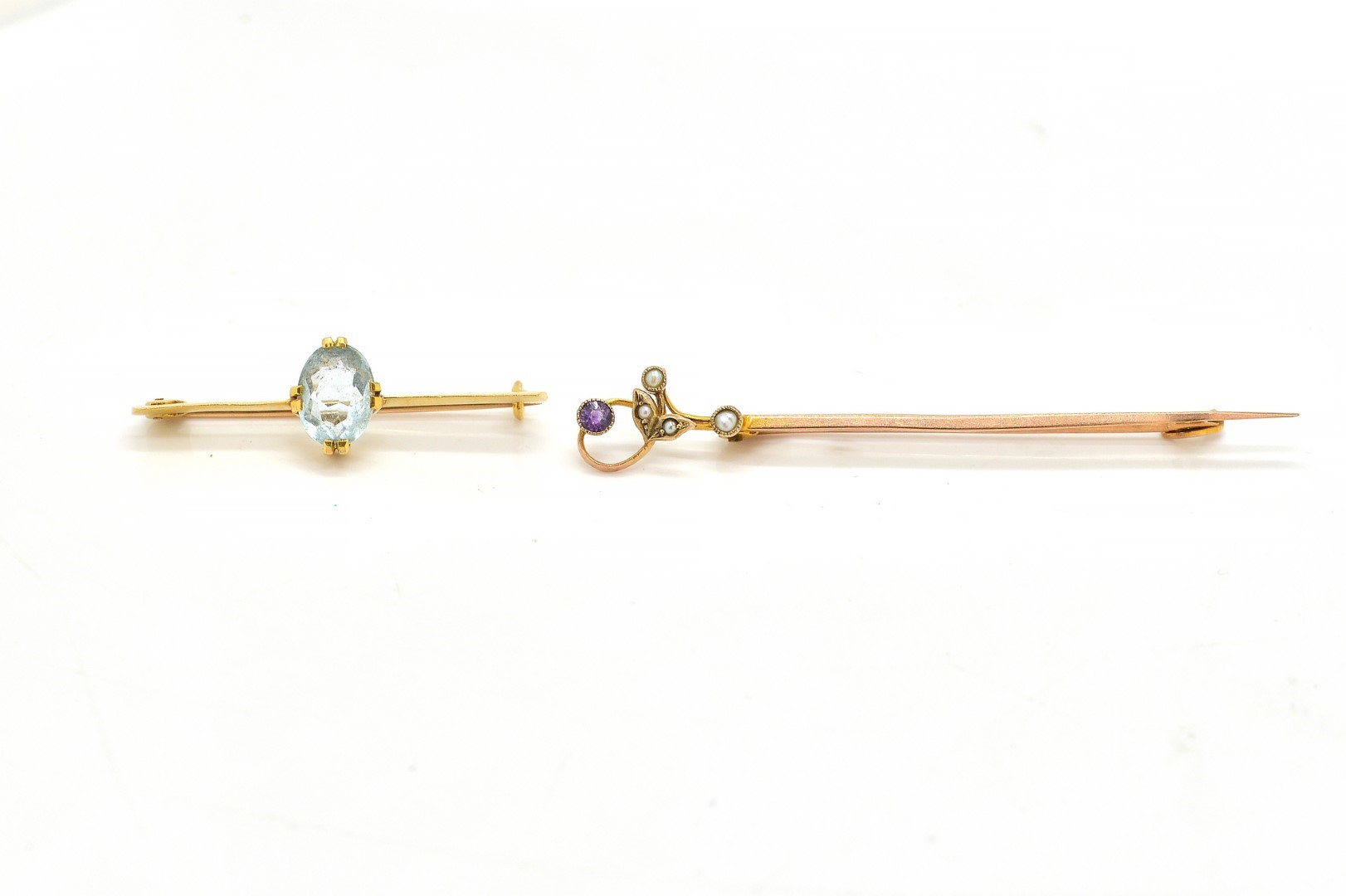 TWO GOLD AND GEM SET BAR BROOCHES