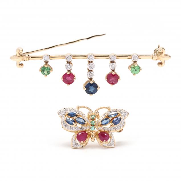 TWO GOLD AND GEM-SET BROOCHES To