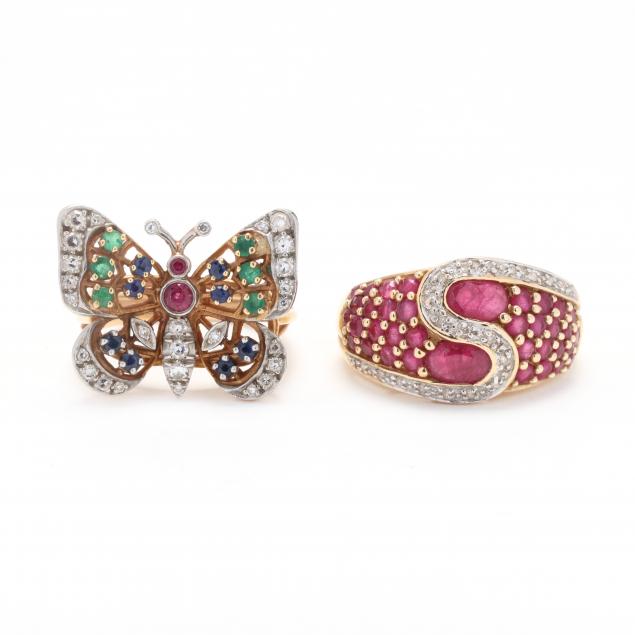 TWO GOLD AND GEM-SET RINGS To