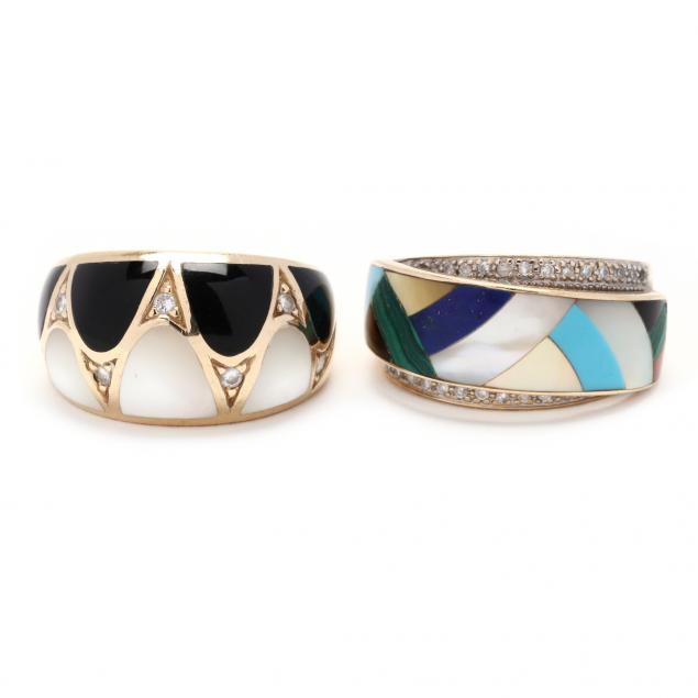 TWO GOLD, DIAMOND, AND INLAID RINGS