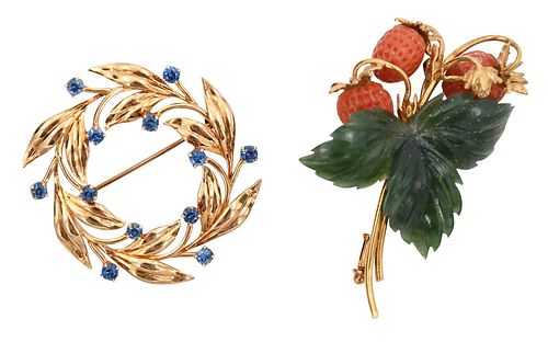 TWO GOLD GEMSTONE, CORAL, AND
