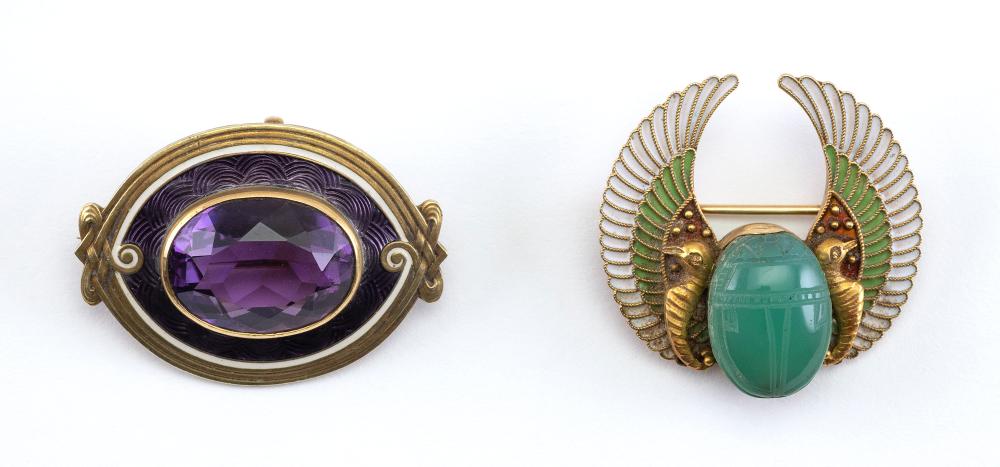 TWO GOLD, SEMIPRECIOUS STONE AND