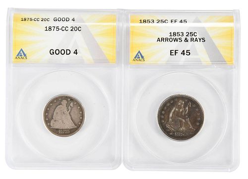 TWO GRADED COINS, SEATED TWENTY