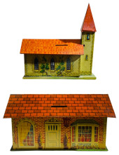 TWO GREAT TIN LITHO STILL BANK