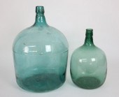 TWO GREEN DEMIJOHN GLASS BOTTL