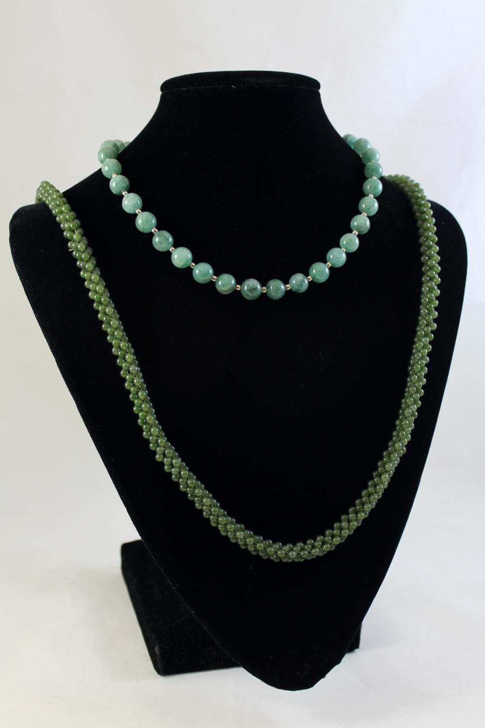 TWO GREEN HARDSTONE BEAD NECKLACES,