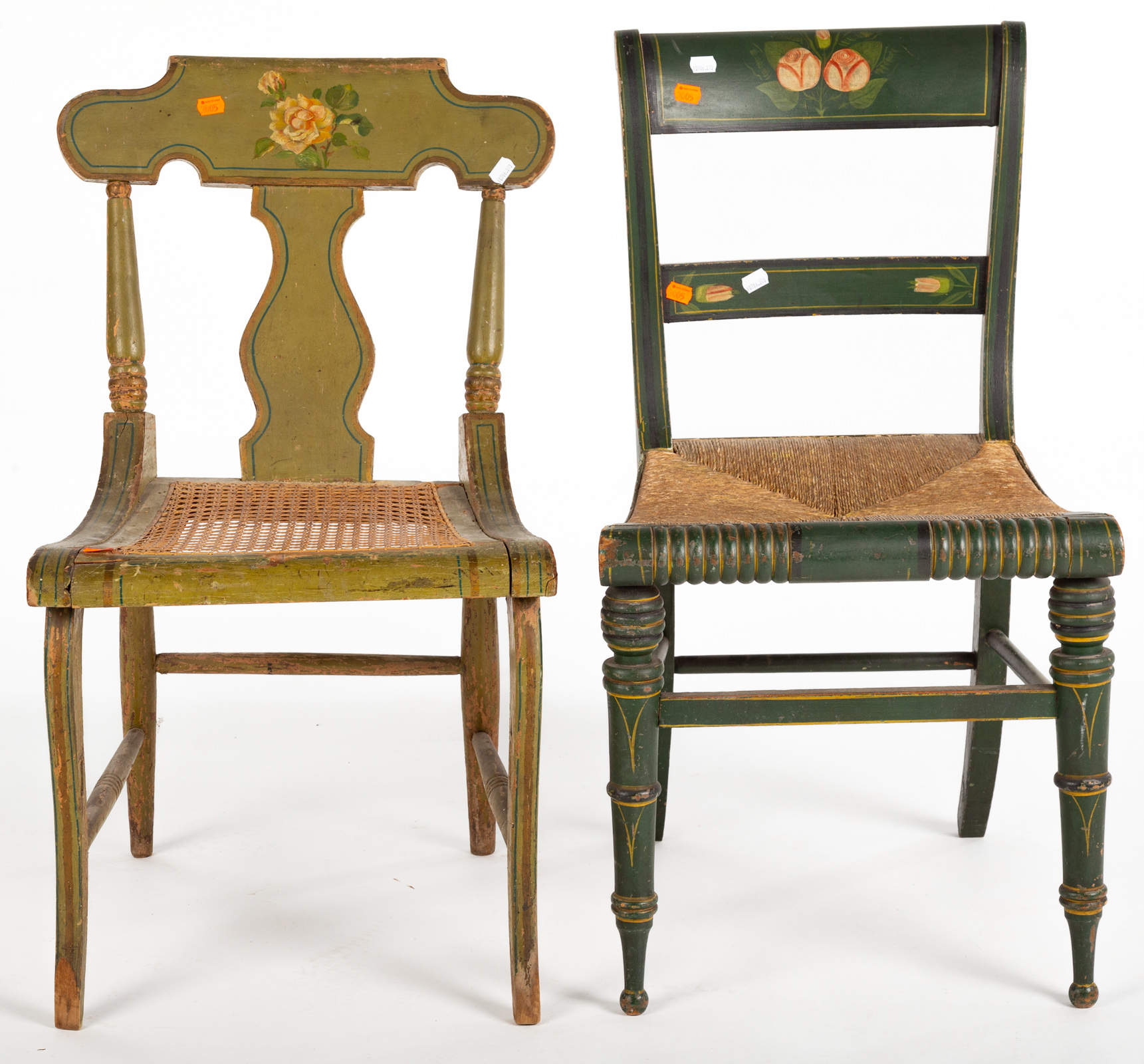 TWO GREEN PAINTED FLORAL MOTIF SIDE