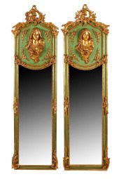 TWO GREEN-PAINTED & GILT CARVE