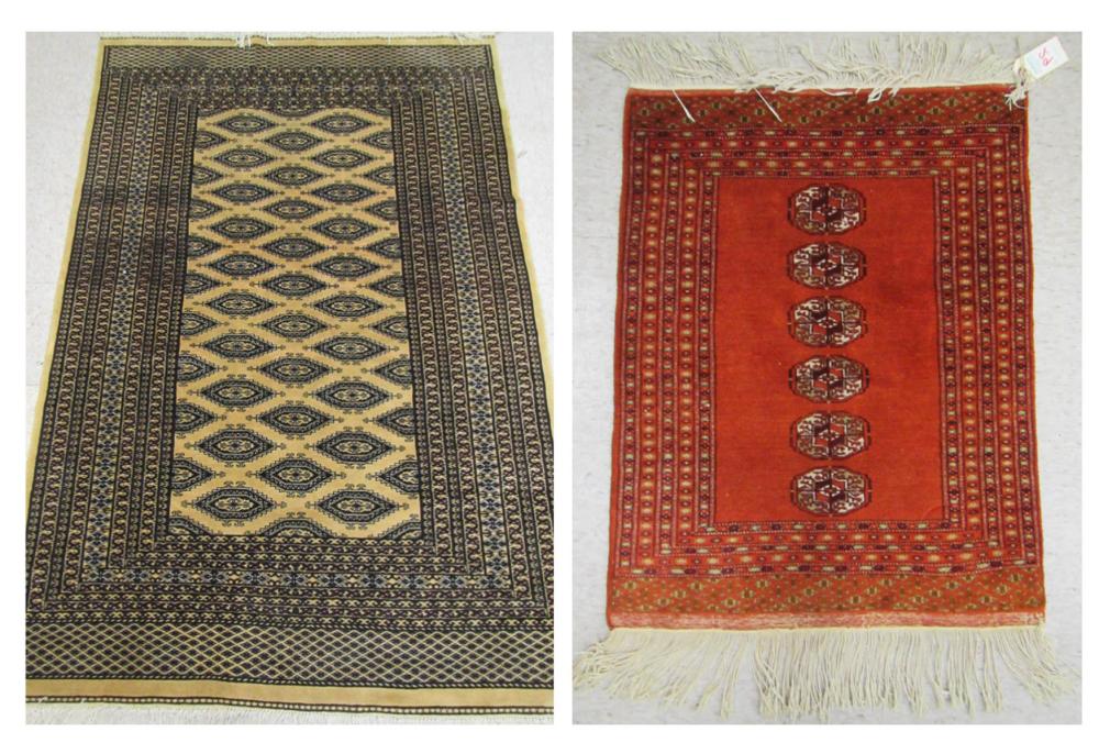 TWO HAND KNOTTED BOKHARA AREA RUGS,