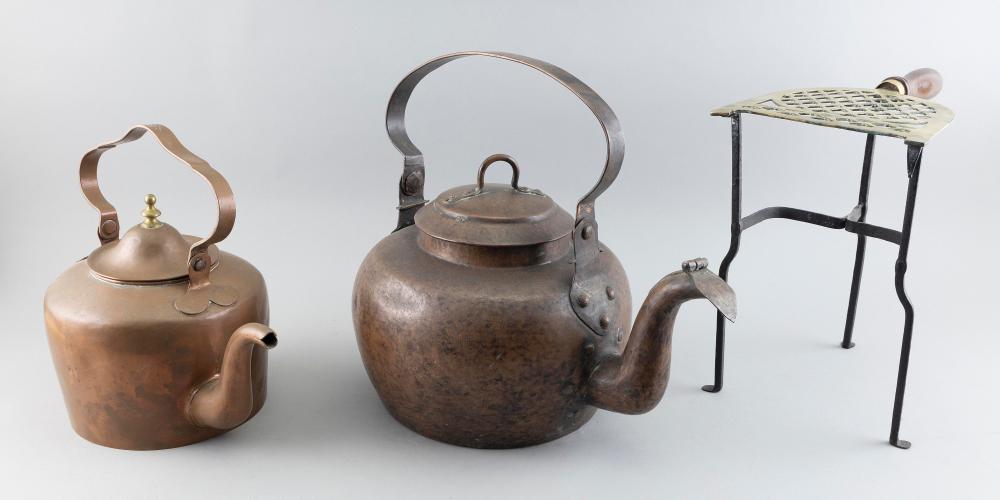 TWO HANDMADE COPPER TEA KETTLES AND