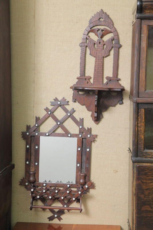 TWO HANGING SHELVES. Both walnut. A