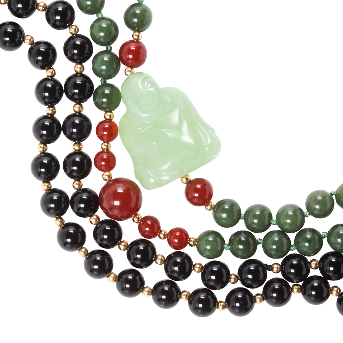 TWO HARDSTONE AND 14K GOLD BEADED