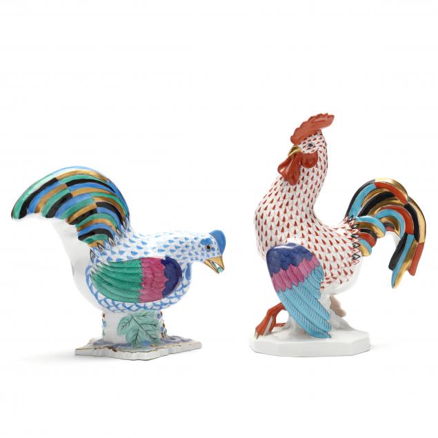 TWO HEREND PORCELAIN ROOSTERS