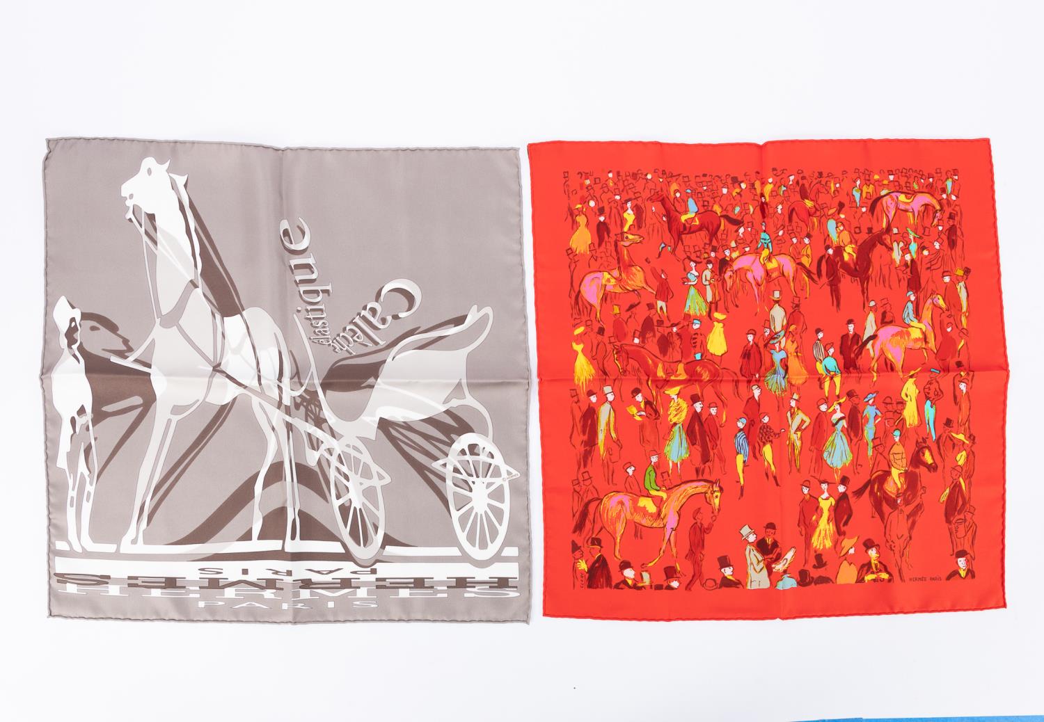 TWO HERMES SILK SCARVES, HORSE