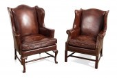 TWO HICKORY CHAIR LEATHER WING