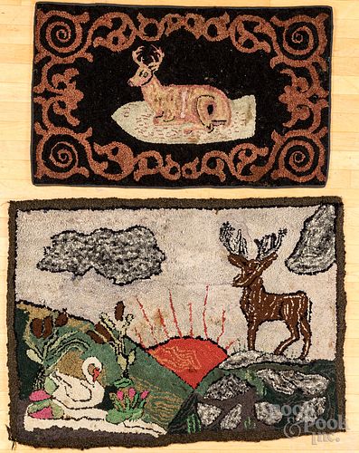 TWO HOOKED RUGS OF STAGS, EARLY