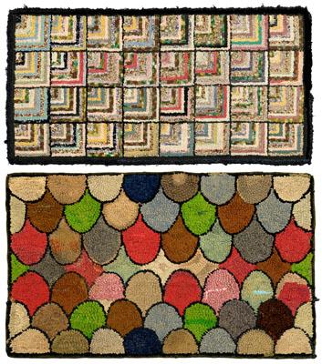 Two hooked rugs: one with fishscale