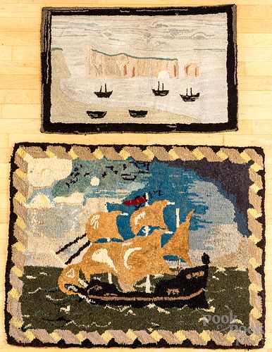 TWO HOOKED RUGS WITH SHIPS, EARLY