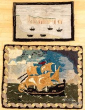 TWO HOOKED RUGS WITH SHIPS, EA