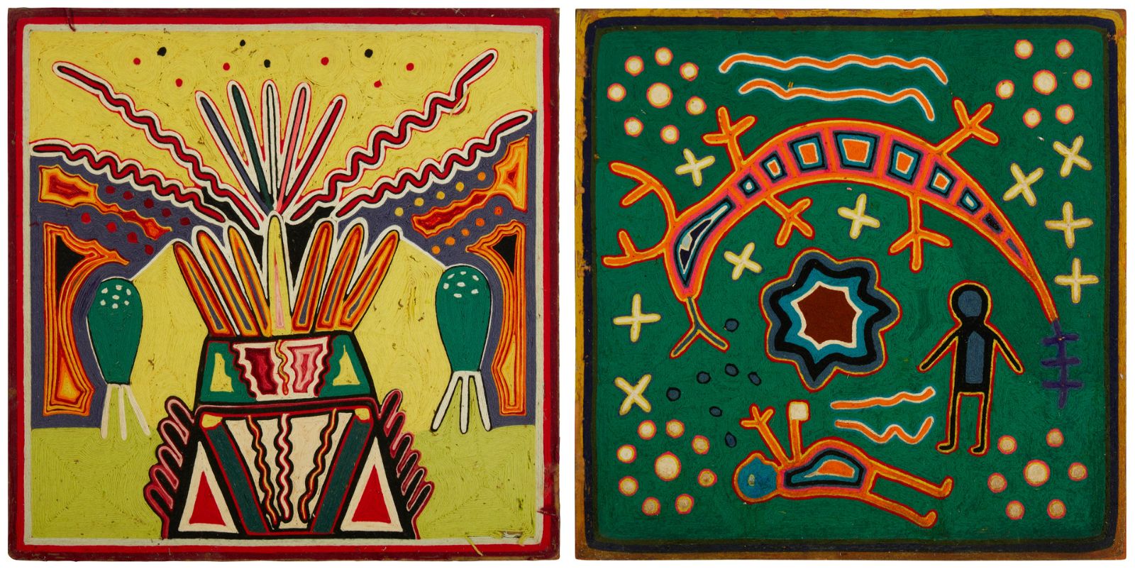 TWO HUICHOL YARN PAINTINGSTwo