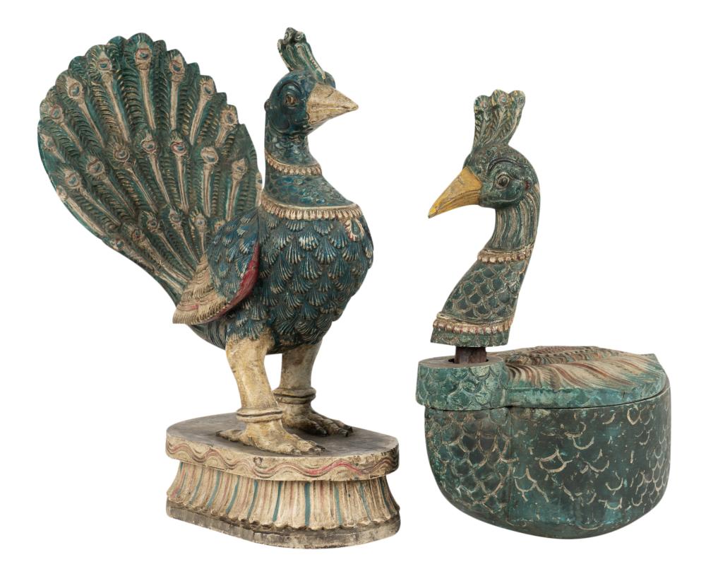 TWO INDIAN CARVED AND POLYCHROMED