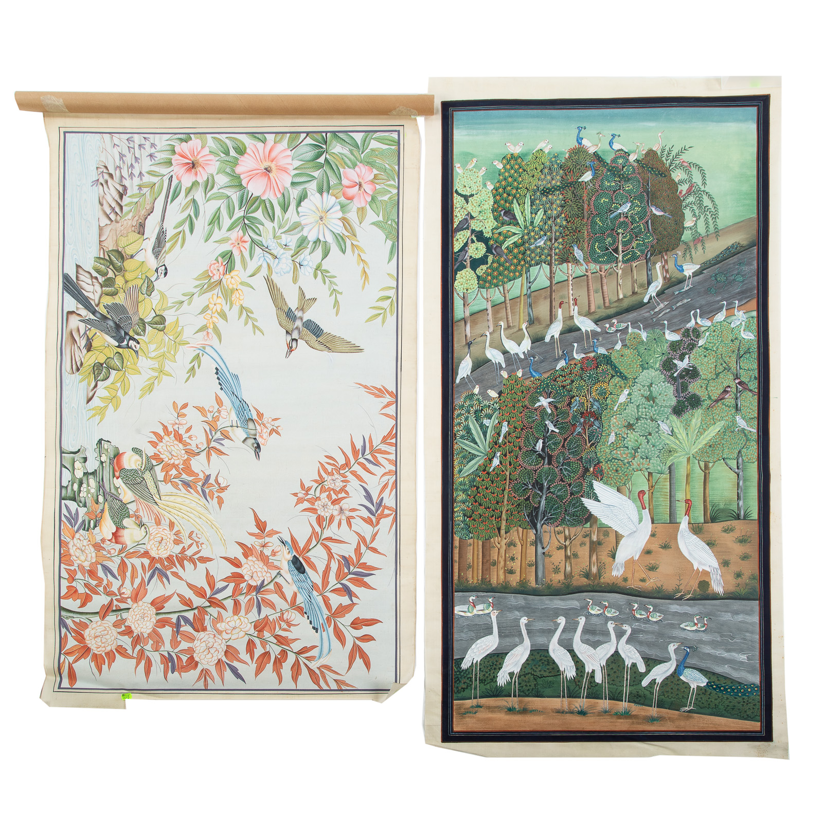TWO INDIAN PAINTED BIRD MURALS 20th