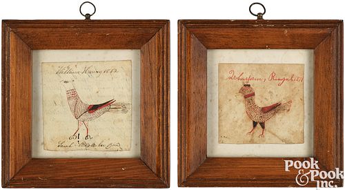 TWO INK AND WATERCOLOR FRAKTUR BIRD
