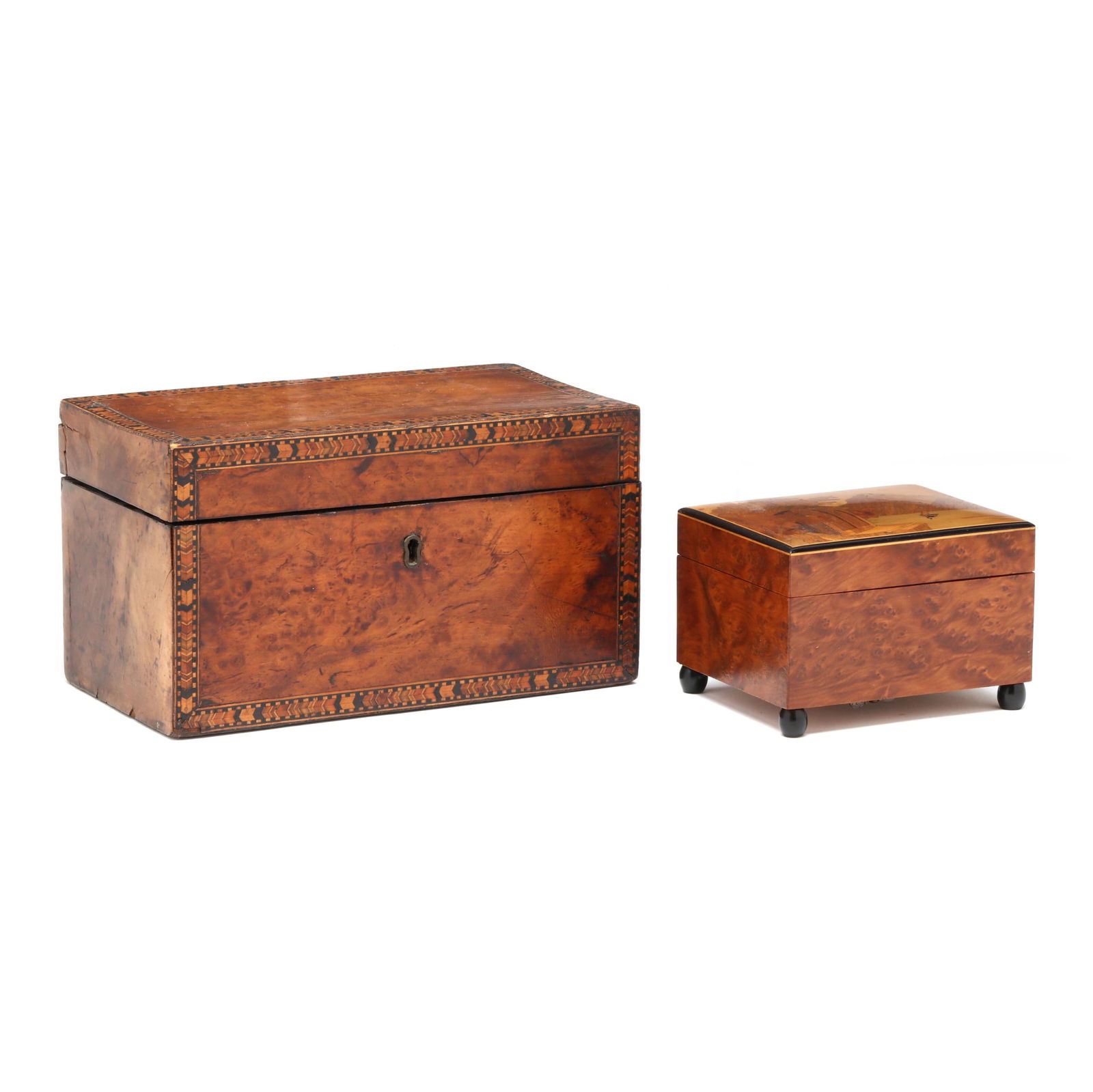 TWO INLAID BURLWOOD BOXESTwo Inlaid