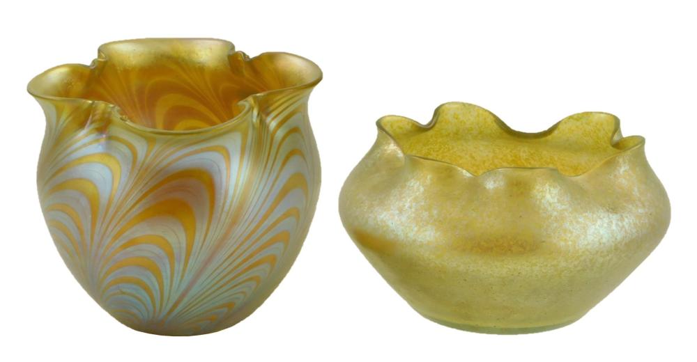 TWO IRIDESCENT ART GLASS VASES,