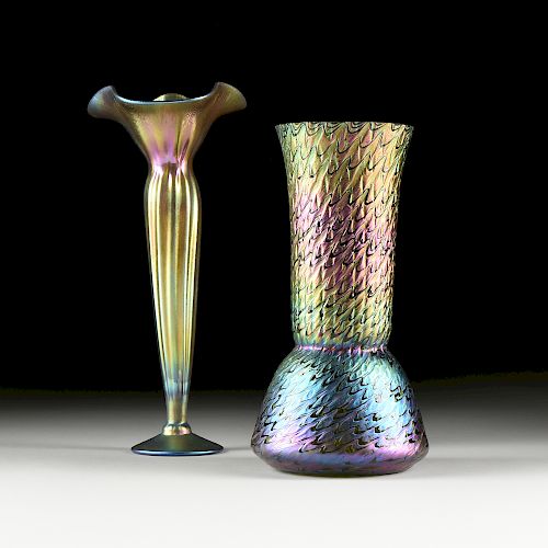 TWO IRIDESCENT ART GLASS VASES,