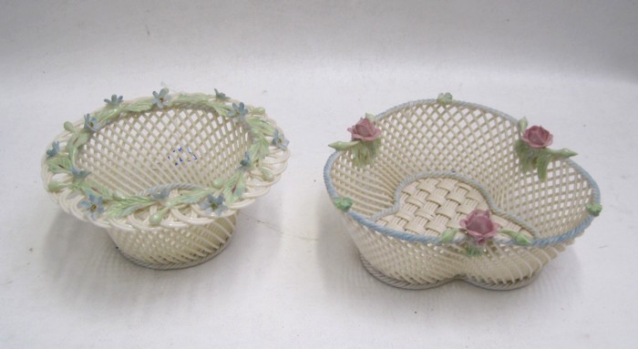 TWO IRISH BELLEEK PARIAN BASKETS c.