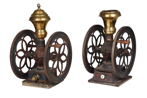 TWO IRON AND BRASS COFFEE