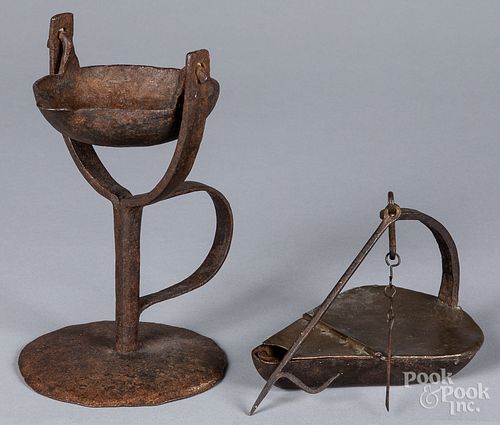TWO IRON AND COPPER FAT LAMPS,