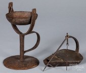 TWO IRON AND COPPER FAT LAMPS,