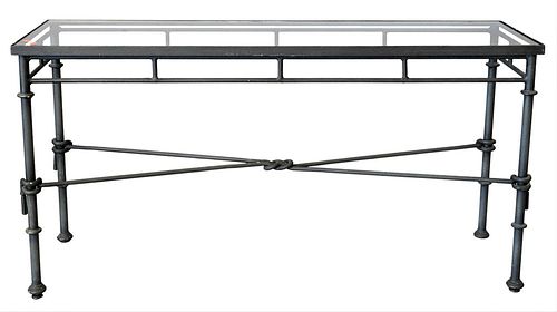 TWO IRON AND GLASS TABLES, TO