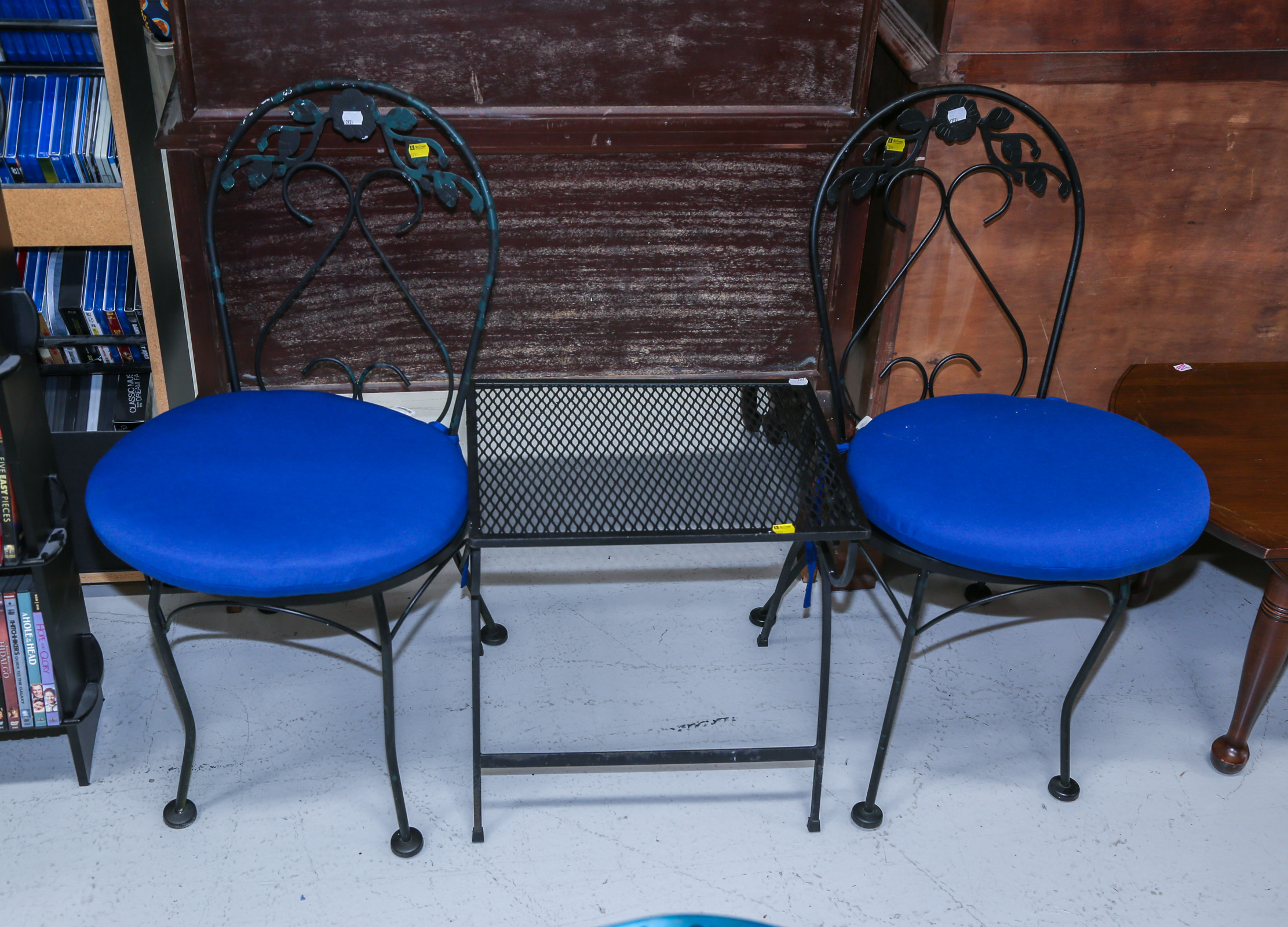 TWO IRON CHAIRS & LOW TABLE