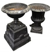 TWO IRON OUTDOOR URNS, TWO-PAR