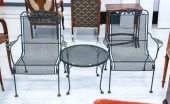 TWO IRON PATIO CHAIRS & A MATC