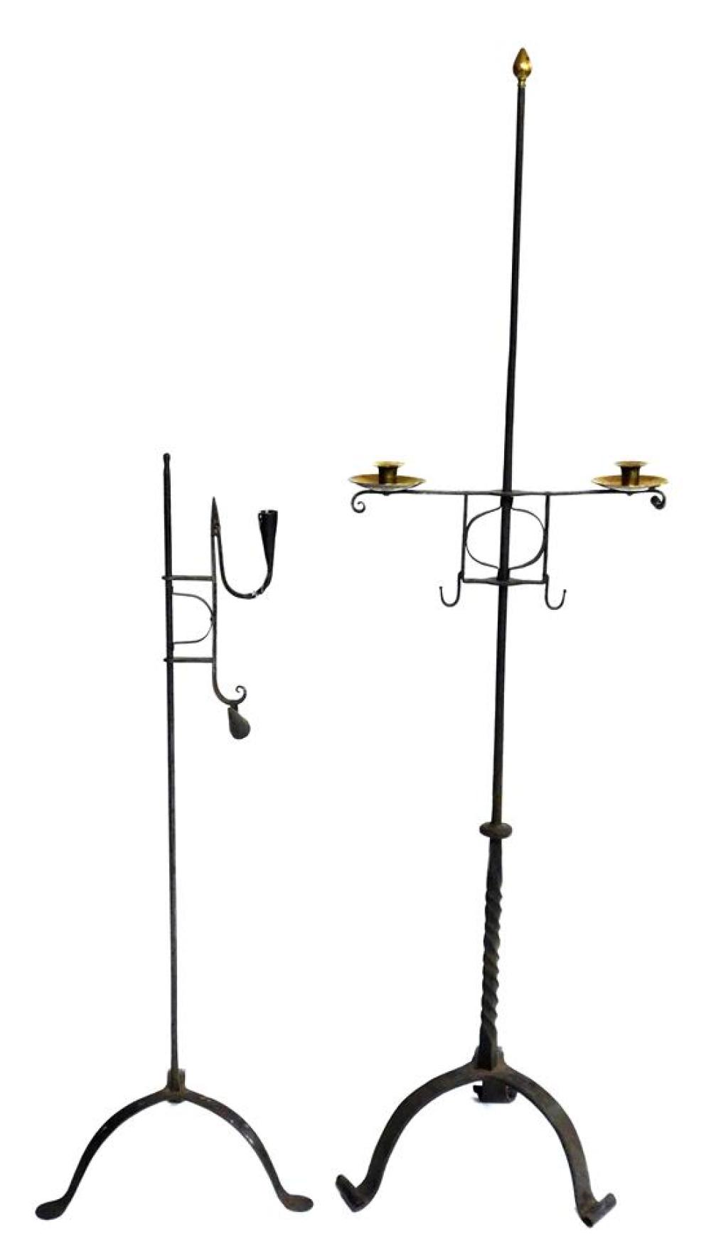 TWO IRON STANDING CANDLE-HOLDERS,